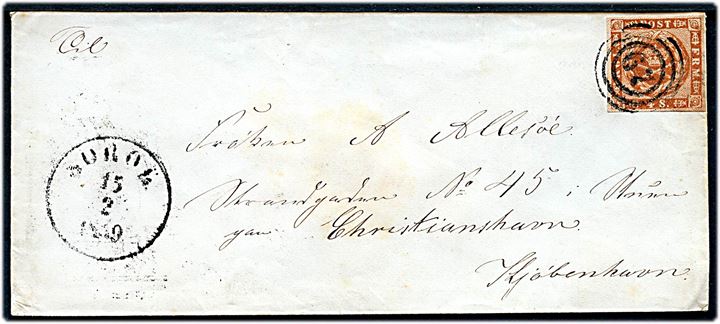 4 sk. 1858 udg. på brev annulleret med nr.stempel 67 og sidestemplet antiqua Soröe. d. 15.2.1860 til Kjøbenhavn.