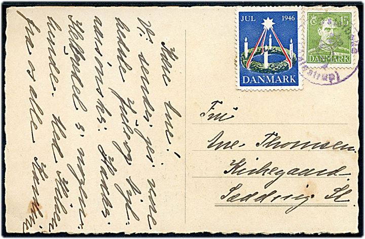 15 øre Chr. X og Julemærke 1946 på julekort annulleret med posthornstempel Østerbølle (Aalestrup) til Sædding St.