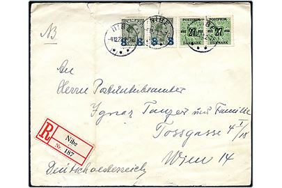 8/12 Øre (par) og 27/8 øre (par) Provisorium på anbefalet brev fra Nibe d. 4.12.1923 til Wien, Østrig. Fold og rifter i kuvert.