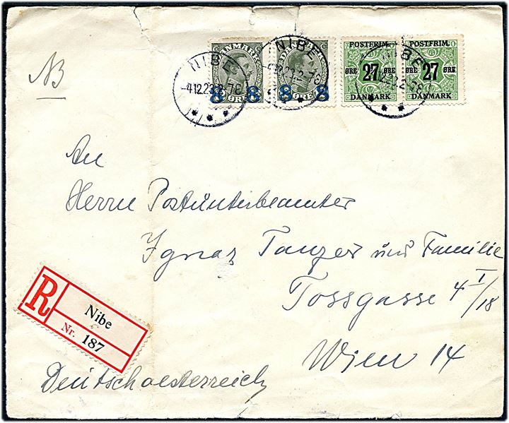 8/12 Øre (par) og 27/8 øre (par) Provisorium på anbefalet brev fra Nibe d. 4.12.1923 til Wien, Østrig. Fold og rifter i kuvert.