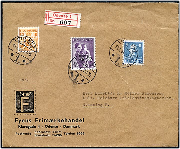 10+5 øre Børneforsorg, 40 øre Chr. X og 10 øre Gebyrmærke på anbefalet brev indleveret efter alm. kontortid i Odense d. 11.6.1943 til Nykøbing F. God fra provinsen.
