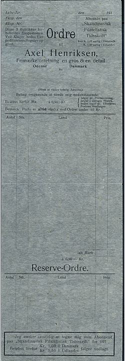 5 øre Fr. VIII single på fortrykt kuvert fra Axel Henriksen's Frimærkehandel sendt som tryksag fra Odense d. 6.100.1911 til Brämhult pr. Borås, Sverige. Vedlagt ubenyttet bestillingsseddel.