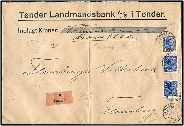 40 øre (2) og 1 kr. Chr. X på stort værdibrev annulleret med brotype IIb sn2 d. 17-4-1925 til Flensburg, Tyskland.