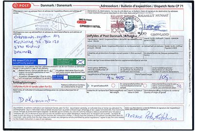 5 kr. Arktiske Vikinger III og 100 kr. Møller på adressekort for B-pakke fra Ililissat d. 7.7.2002 til Kastrup, Danmark.