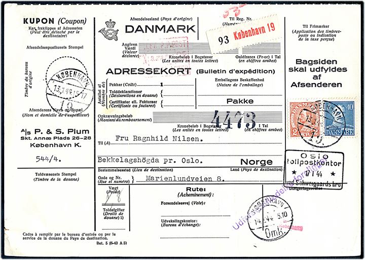 40 øre og 2 kr. Chr. X på adressekort for pakke fra København d. 13.1.1944 til Bekkelagshøgda, Norge. Påsat norsk anmeldelse formular Bl. 209a.