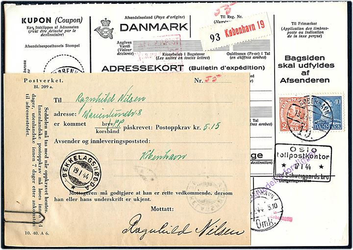 40 øre og 2 kr. Chr. X på adressekort for pakke fra København d. 13.1.1944 til Bekkelagshøgda, Norge. Påsat norsk anmeldelse formular Bl. 209a.