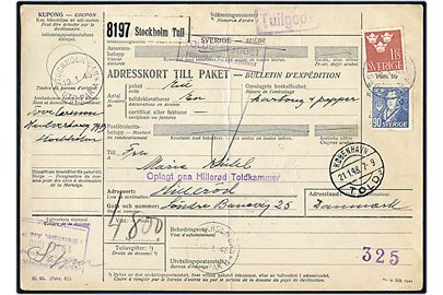 90 öre Geijer og 1,15 kr. Tre Kroner på internationalt adressekort for pakke fra Stockholm d. 19.1.1948 via København til Hillerød, Danmark.