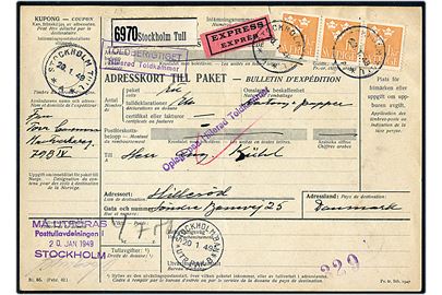 1 kr. Tre Kroner i 3-stribe på internationalt adressekort for eksprespakke fra Stockholm d. 20.1.1949 via København til Hillerød, Danmark.