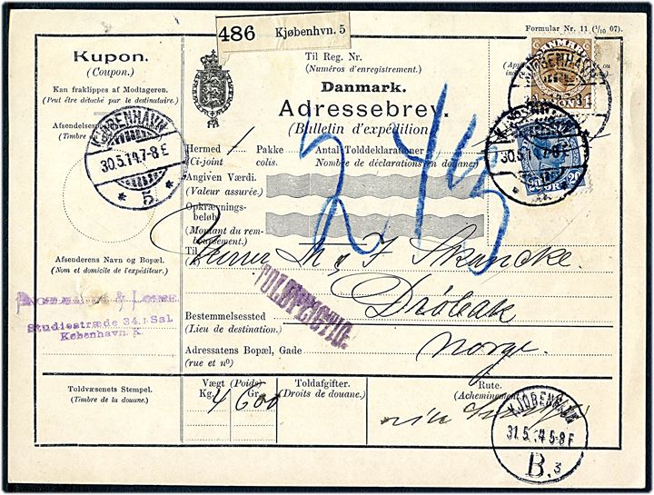 20 øre og 1 kr. Chr. X på internationalt adressekort for pakke fra Kjøbenhavn *5.* d. 30.5.1914 via Kjøbenhavn B. til Drøbak, Norge. Påskrevet: via Sverige.