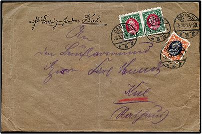 10 pfg. og 25 pfg. (par) Skib på brev fra Danzig d. 5.3.1921 til Kiel, Tyskland.