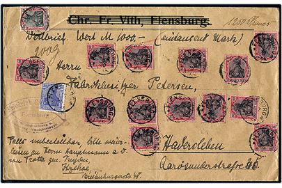 20 pfg., 40 pfg. og 80 pfg. (13) Germania på 11 mk. frankeret stort værdibrev fra Flensburg d. 1.7.1920 til Haderslev i 1. Zone. Interessant brev fra afstemningsperioden.
