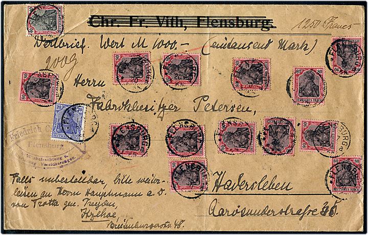 20 pfg., 40 pfg. og 80 pfg. (13) Germania på 11 mk. frankeret stort værdibrev fra Flensburg d. 1.7.1920 til Haderslev i 1. Zone. Interessant brev fra afstemningsperioden.