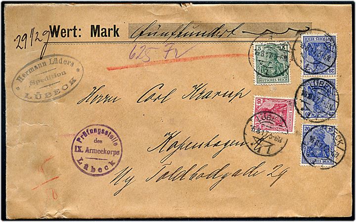 5 pfg., 10 pfg. og 20 pfg. (3) Germania på værdibrev fra Lübeck d. 6.8.1917 til København, Danmark. Tysk censur fra Lübeck med 2 laksegl på bagsiden.