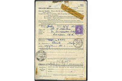 3d George VI stemplet Gatley, Cheadle d. 19.9.1953 på Modtagelsesbevis A.R. for forsendelse tilæ Chamberwell. Usædvanlig formular.