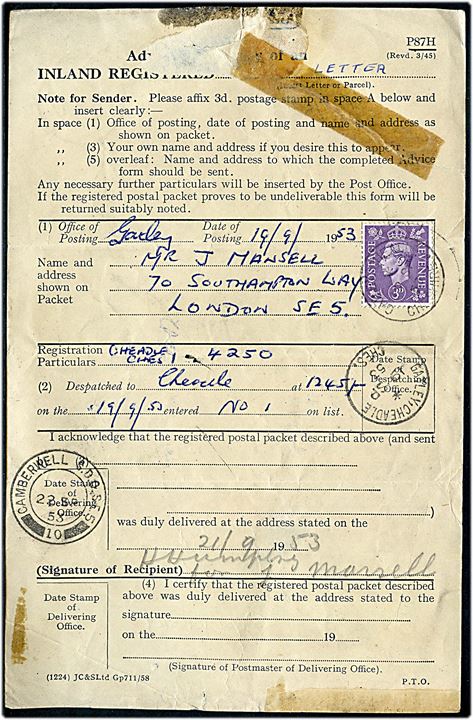 3d George VI stemplet Gatley, Cheadle d. 19.9.1953 på Modtagelsesbevis A.R. for forsendelse tilæ Chamberwell. Usædvanlig formular.