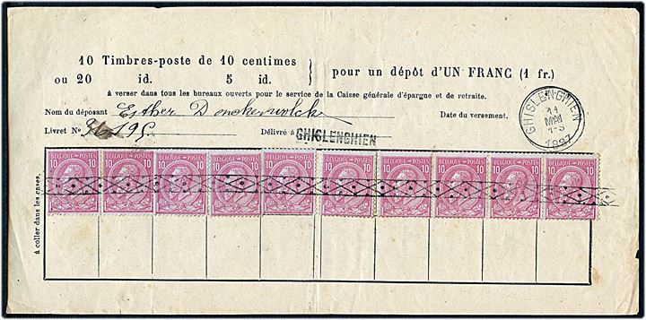 10 c. Leopold (10) på postal formular annulleret med stumt båndstempel og sidestemplet Chislenghien d. 11.5.1887.