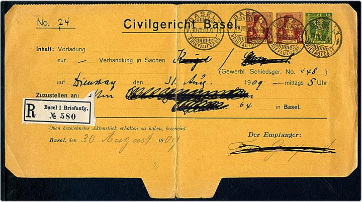 5 c. +15 c. + 15 c. privat helsags formularbrev sendt anbefalet lokalt i Basel d. 30.8.1909. Lodret fold.
