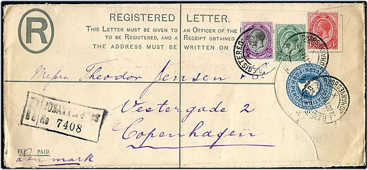 Natal 4d Victoria anbefalet helsagskuvert opfrankeret med Sydafrika ½d, 1d og 6d George V fra Johannesburg d. 22.10.1914 via London til København, Danmark.