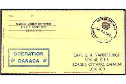 Ufrankeret canadisk feltpost formularbrev stemplet United Nations Emergency Force d. 24.7.1974 til Borden, Canada. Afs.-stempel: Canadian Military Contingent U.N.E.F. Middle East, CFPO 5002, samt blåt rammestempel: Operation DANACA.