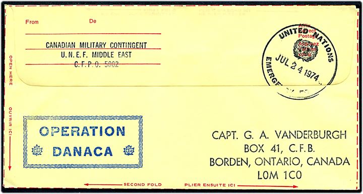 Ufrankeret canadisk feltpost formularbrev stemplet United Nations Emergency Force d. 24.7.1974 til Borden, Canada. Afs.-stempel: Canadian Military Contingent U.N.E.F. Middle East, CFPO 5002, samt blåt rammestempel: Operation DANACA.