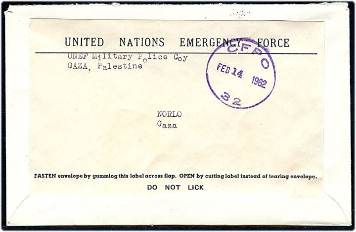 United Nations Emergency Force adresselabel på brev fra UNEF Military Police Coy, GAZA, Palestine med canadisk feltpoststempel CFPO 32 d. 14.2.1962 til NORLO, Gaza (Norske forbindelsesofficer).