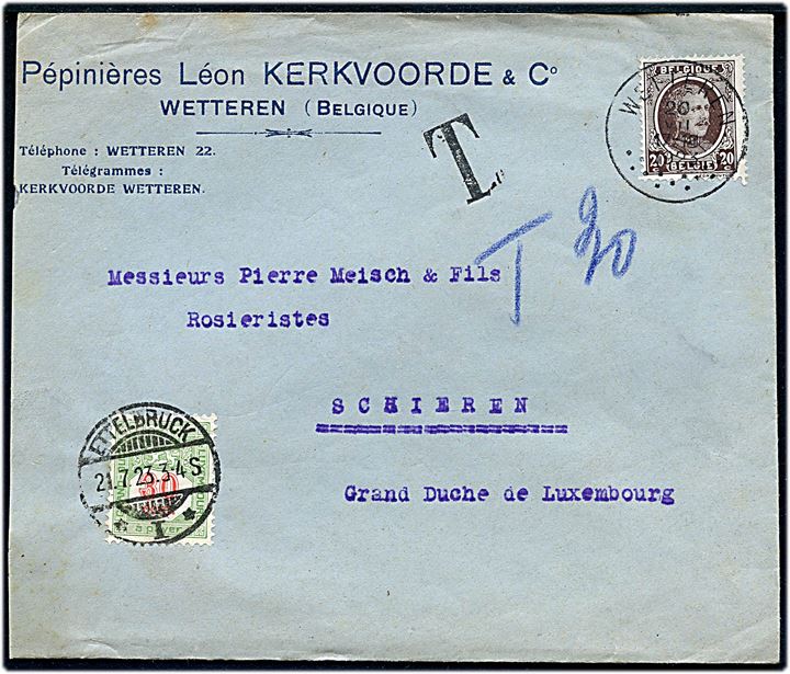 20 c. på underfrankeret brev fra Wetteren d. 20.7.1923 til Schieren, Luxembourg. Udtakseret i porto med 30 c. Luxembourg portomærke stemplet Ettelbruck d. 21.7.1923.