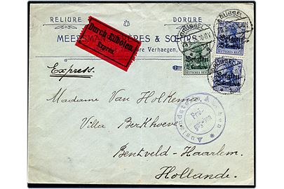 Tysk post i Belgien. 5 c./5 pfg. og 25 c./20 pfg. (2) Belgien provisorium på ekspresbrev fra Brüssel d. 29.3.1915 til Bentveld-Haarlem, Holland. Tysk censur fra Aachen.