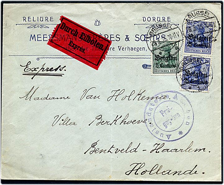 Tysk post i Belgien. 5 c./5 pfg. og 25 c./20 pfg. (2) Belgien provisorium på ekspresbrev fra Brüssel d. 29.3.1915 til Bentveld-Haarlem, Holland. Tysk censur fra Aachen.
