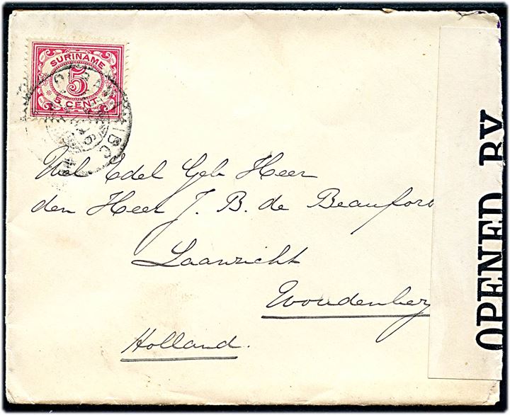 5 cents single på brev fra Paramaribo 24.11.1916 til Holland. Åbnet af britisk censur no. 1108.