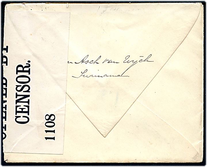 5 cents single på brev fra Paramaribo 24.11.1916 til Holland. Åbnet af britisk censur no. 1108.