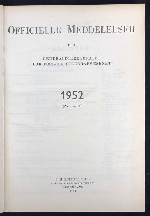 Officielle Meddelelser fra Generaldirektoratet for Post- og Telegrafvæsenet. 1952. Indbundet årgang 224 sider.