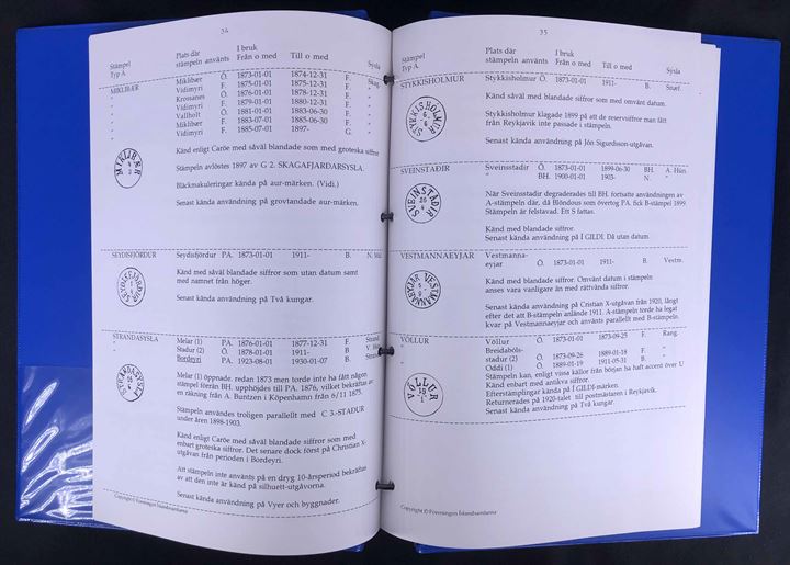 Handbok över Ísländska stämplar av typerne Danske, Antikva, Grotesk og Krone/Posthorn. Udgivet af Föreningen Íslandsamlarna. Illustreret 74 sider løsblade samlet i ringbind. 