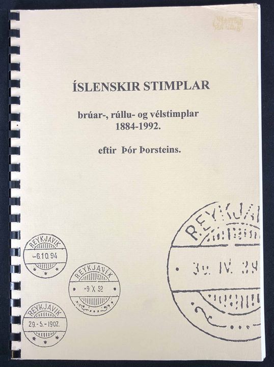 Íslenskir Stimplar - brúar-, rúllú- og vélstimplar 1884-1992 af Thór Thorsteins. 110 sider illustreret katalog og håndbog over brotype, håndrulle- og maskinstempler.