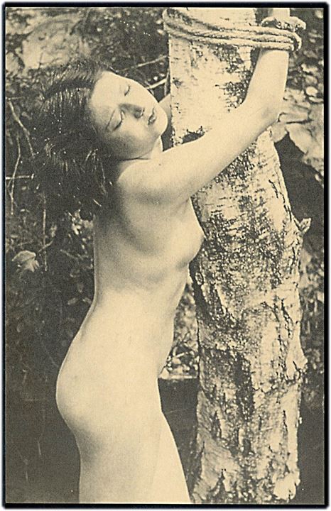 Erotisk postkort. Nøgen kvinde bundet til træ. Nytryk. U/no. 