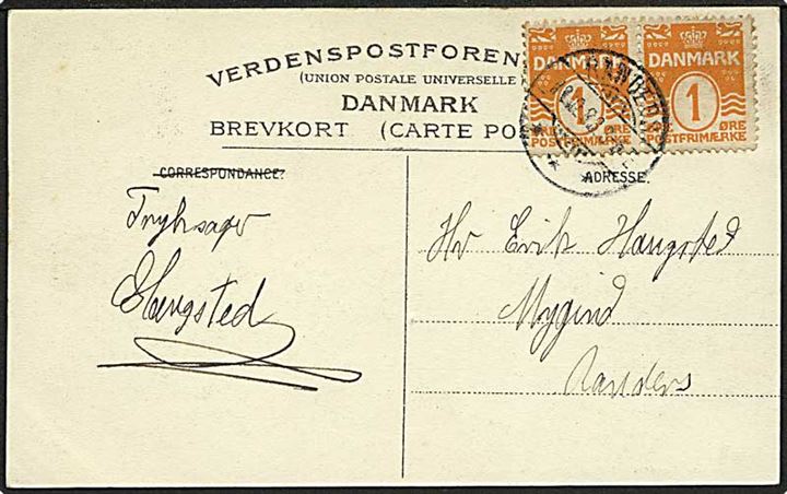 1 øre Bølgelinie i parstykke på lokalt tryksagsbrevkort stendt i Randers d. 10.10.1908.