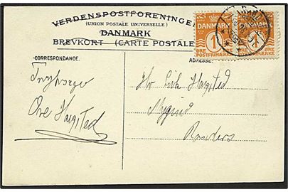 1 øre Bølgelinie i parstykke på lokalt tryksagsbrevkort sendt i Randers d. 13.10.1908.