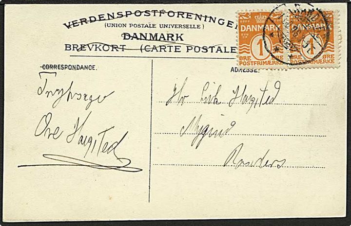 1 øre Bølgelinie i parstykke på lokalt tryksagsbrevkort sendt i Randers d. 13.10.1908.