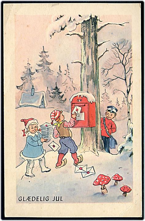 Glædelig Jul. Børn smider breve i postkassen. Postbud står bag træet. T. M. serie 251. 