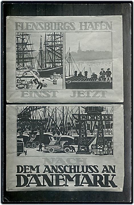 Genforeningen. Fotografi af agitationsplakater: Flensborg havn nu og efter forening med Danmark. Fotokort u/no.
