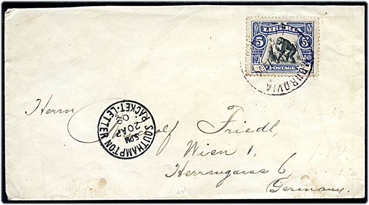 5 cents Abe single på brev fra Monrovia d. 4.4.1908 med transitstempel Southampton Packet-Letter d. 20.4.1908 til Wien, Østrig. 