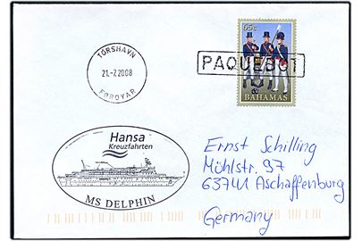 65 c. på skibsbrev annulleret Paquebot og sidestemplet Tórshavn Føroyar d. 21.7.2008 til Aschaffenburg, Tyskland. Sendt fra M/S Delphin.