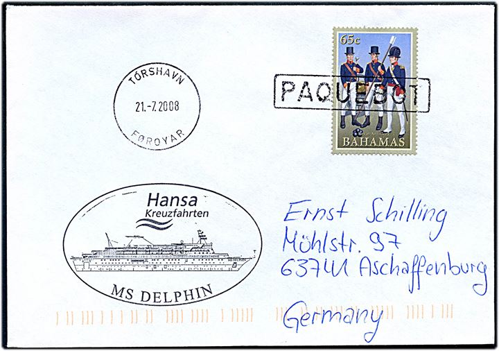 65 c. på skibsbrev annulleret Paquebot og sidestemplet Tórshavn Føroyar d. 21.7.2008 til Aschaffenburg, Tyskland. Sendt fra M/S Delphin.