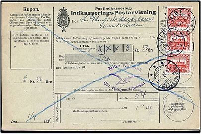 10 øre Genforening i lodret 3-stribe på retur Indkasserings-Postanvisning fra Nibe d. 1.4.1921 til Sønderholm.