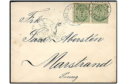 5 øre Våben i parstykke på brev annulleret med lapidar Kjøbenhavn K. d. 18.1.1892 til Marstrand, Sverige.