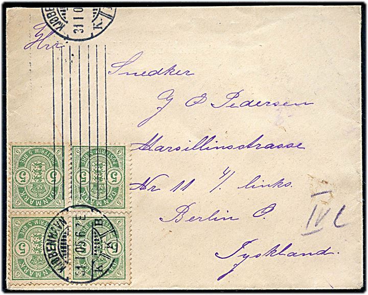 5 øre Våben i fireblok på brev fra Kjøbenhavn d. 31.1.1905 til Berlin, Tyskland.