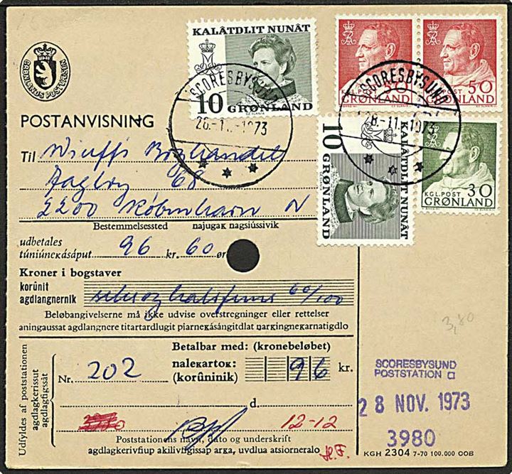 30 øre, 50 øre (par) Fr. IX og 10 øre Margrethe (2) på postanvisning fra Scoresbysund d. 28.11.1973 til København.