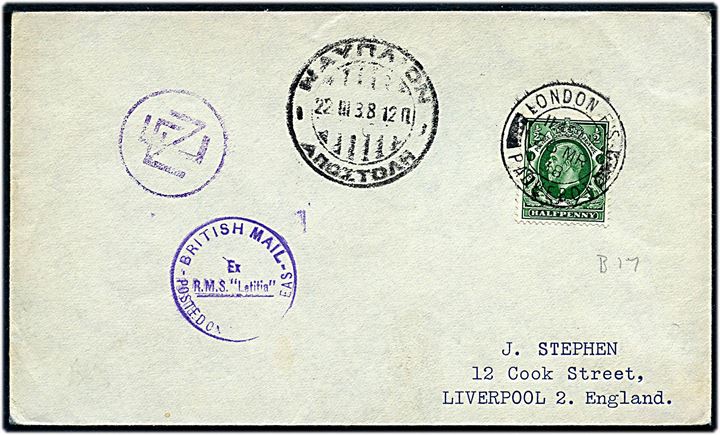 ½d George V på filatelistisk tryksag annulleret med skibsstempel London F. S. Paquebot d. 26.3.1938 og sidestemplet med græsk stempel d. 22.3.1938 til Liverpool, England. Fra S/S Letitia.