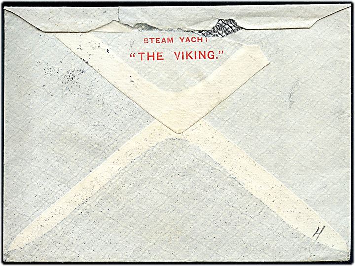1d George V på fortrykt kuvert fra Steam Yacht The Viking annulleret Newcastle-on-Tyne d. 11.6.1913 og sidestemplet Paquebot til Manchester.
