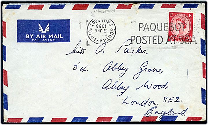 2½d Elizabeth på luftpostbrev annulleret med skibsstempel Southampton Paquebot / Paquebot Posted at Sea d. 9.6.1953 til London. Bemærk omvendt stempel.