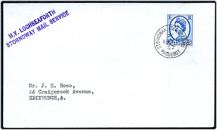 4d Elizabeth på filatelistisk brev annulleret Stornoway, Isle of Lewis Paquebot d. 18.9.1967 til Edinburgh. Privat skibsstempel: M.V. Lochseaforth / Stornoway Mail Service.